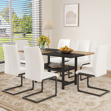 Juego de comedor (160x90x76 cm), con 6 sillas, almacenamiento integrado, MDF y metal, blanco y madera (1/5)
