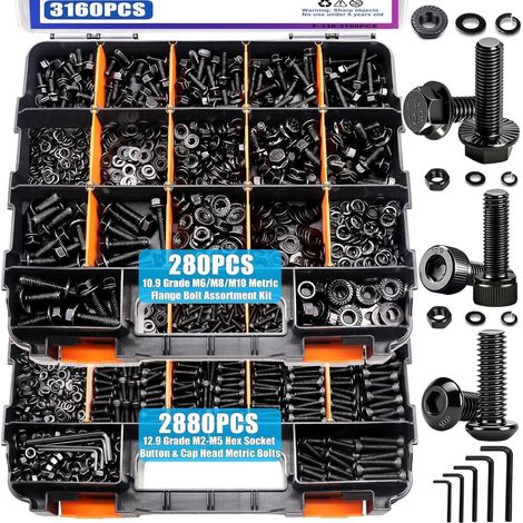 Coffret de visserie 3160 pièces – Assortiment de vis BTR/CHC à six pans creux classe 12.9, vis à tête bombée et cylindrique, avec boulons, écrous à embase et rondelles, acier carbone noirci, kit de bo (1/3)