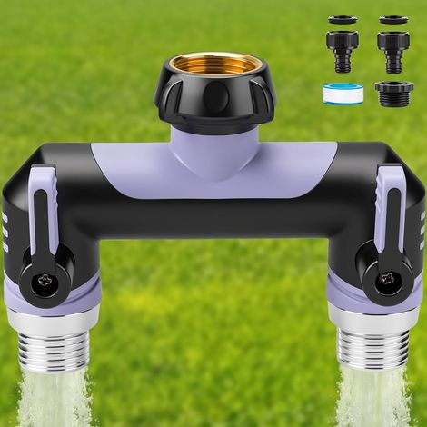 Répartiteur de Tuyau d'arrosage 2 Voies, séparateur de Robinet extérieur de 1,9 cm, séparateur de Robinet en T Robuste à débit Complet, Adaptateur de Tuyau avec 2 valves Individuelles pour (1/4)
