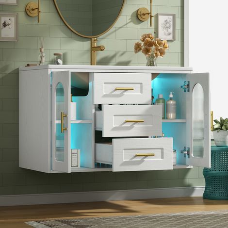 Meuble vasque mural 76x46x55 cm MDF et verre blanc, LED, gain de place, sans robinet – MEUBLIV (1/5)