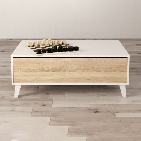 Table basse relevable 100x68x38 cm – Structure en panneaux de particules mélaminées – Piétement oblique en métal – Compartiment de rangement pratique