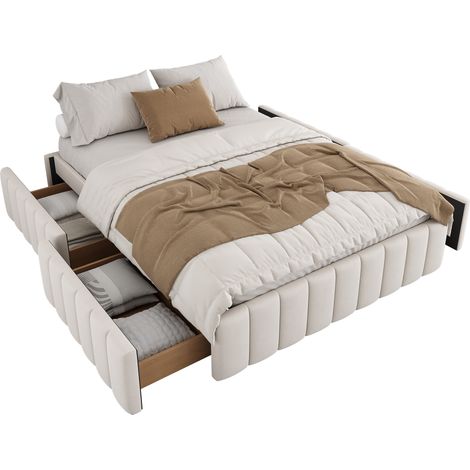 Letto con 4 Cassetti 140 x 200 cm, Letto Matrimoniale in Velluto, Spazio Sottostante, Senza Materasso, Beige (1/5)