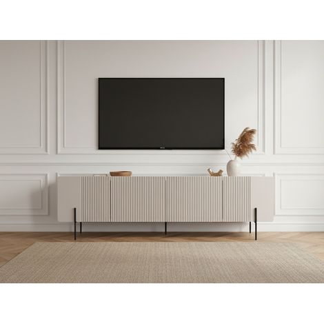 BOBOCHIC - Meuble TV 2 portes 2 tiroirs 200 cm MATHILDE plateau effet marbre et pieds noirs Beige (1/5)