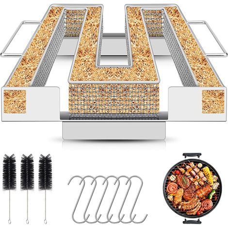 Générateur de fumée froide avec anse, Générateur de fumée froide en acier inoxydable avec 6 crochets à viande + 3 brosses de nettoyage, Générateur de fumée froide pour barbecues (1/5)