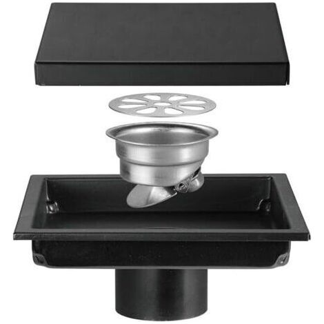 Siphon de Sol Invisible en Acier Inoxydable, 15 x 15 cm, Sortie latérale, pour Salle de Bain, Double Couleur brossée, Noir, 15 x 15 cm (1/5)