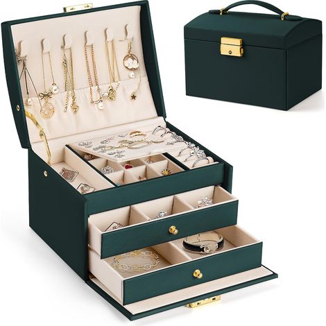 Boite a Bijoux Femme Fille, Boîte à Bijoux Coffret à Bijoux Rangement Bijoux Organisateur pour Bagues Bracelets Boucles d'oreilles Montres Lunettes Cadeaux de Noël Vert Foncé 17x14x13cm BOX02 (1/5)