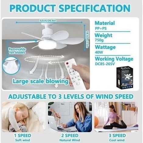 Ventilateur de Plafond avec Lumière et Telecommande, LED Ventilateur Dimmable Plafonnier avec 40W E27 Lampe Intégrée, 6 Pales, 3 Vitesses, Silencieux, pour Salon, Chambre, Coucher (Bl (1/5)