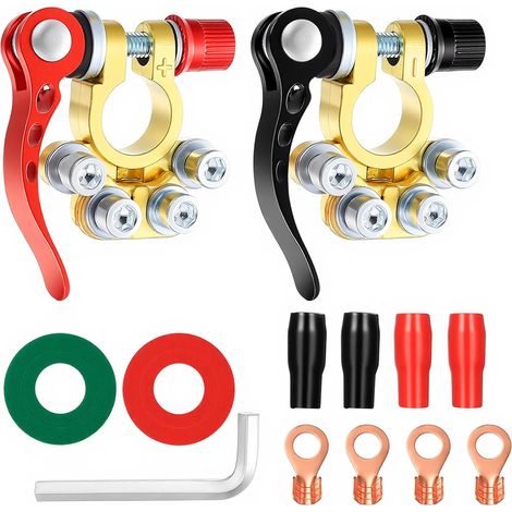 2 Pièces Cosses de Batterie 12V à Verrouillage Rapide, Cosses 4 Voies en Laiton pour Batterie Auto, Connecteurs Universels pour Voiture Camion Véhicules 12V (Rouge et Noir) (1/5)