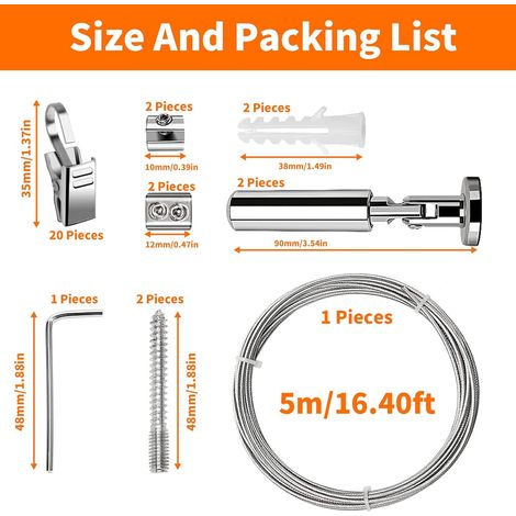 5M Kit Tringle Rideaux avec 24 Clips Métal, Câble Rideau Acier Inoxydable, Fil Suspension Métallique, Corde Photos Accrocher Contre Rouille pour Intérieur Décoration, Art Exposition, Vêtements(Argent) (1/5)