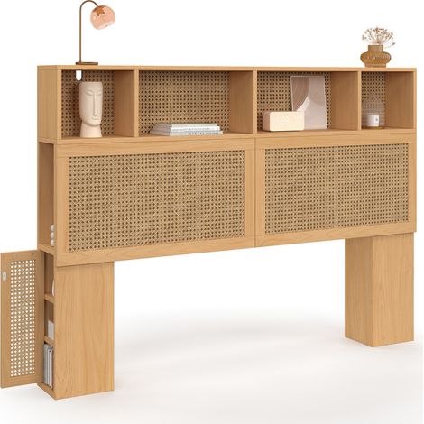 Idmarket – Tête de lit 145 cm avec rangements fermés – Niches en cannage et bois – Design moderne et chaleureux – Facile à monter