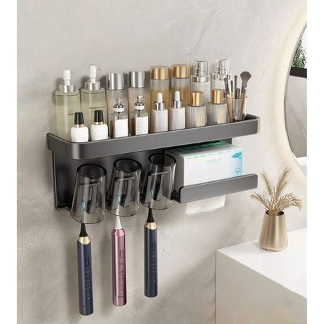 Soporte para cepillos de dientes, soporte para cepillos de dientes sin taladro, soporte multifuncional para cepillos de dientes, soporte para cepillos de dientes de tres vasos, negro (1/3)