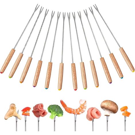 Fourchette, Fromage Fourchettes à Fondue avec Poignée Résistante Couleur Bois, Fourchette Chocolat en Acier Inoxydable pour Fondu Barbecue Fromage Dessert Fruits (24 cm) (1/5)