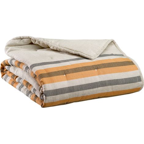 Chemin de lit en lin lavé stonewashed ocre avec garnissage polyester 90 x 240 cm - PANGIVO (1/2)