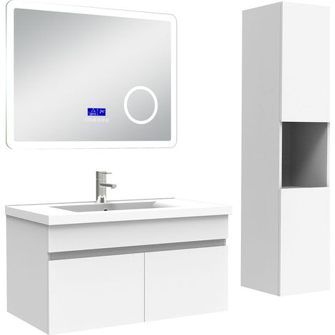 Acezanble Ensemble meuble 80 cm blanc, lavabo céramique + colonne haute + Miroir salle de bain Bluetooth avec 3 couleurs dimmable, suspendu