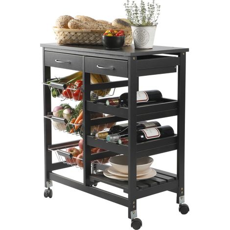 Carrello di servizio nero su ruote - 2 cassetti e 3 ripiani, dimensioni 65x35x76 cm