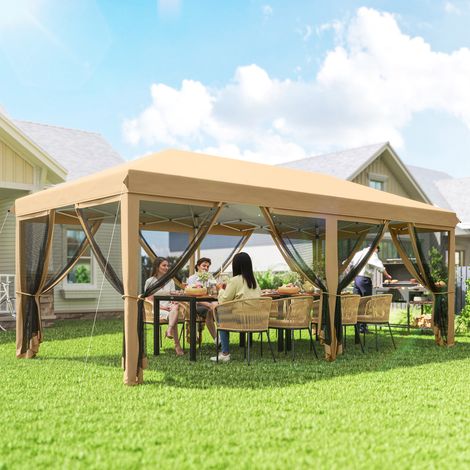 Tonnelle Barnum Pliant Pop-up 6 x 3 m moustiquaires amovibles + Sac de Transport Beige Noir