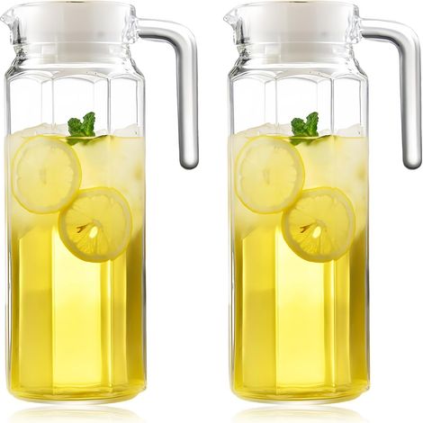 Set aus 2 transparenten Wasserkrügen mit Deckel: 1,1-Liter-Saftkrug mit Deckel, Acryl-Wasserflasche, Eistee-Krug aus Kunststoff mit Griff, für Wein, (1/5)