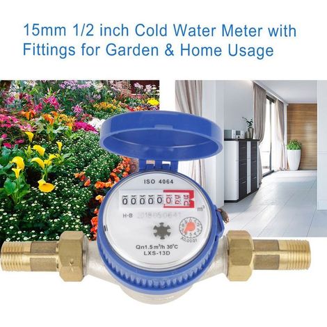 Compteur d'eau froid 15mm 1/2 pouce avec raccords pour jardin et maison, usage domestique et extérieur. (1/5)