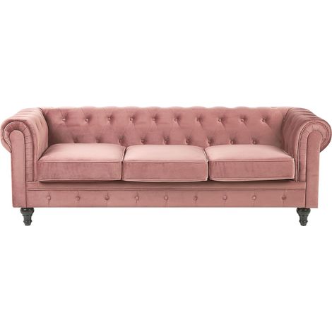 Sofá 3 plazas Chesterfield tapizado en tela de terciopelo rosa patas de madera oscura estilo contemporáneo Chesterfield (1/5)