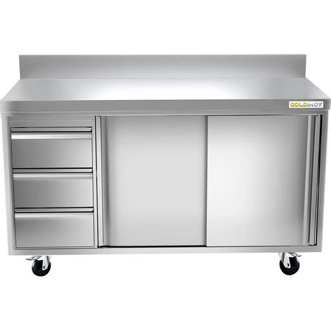 Meuble bas inox 1400x600 mm adossée avec 3 tiroirs à gauche sur roulettes PREMIUM - GOLDINOX (1/2)