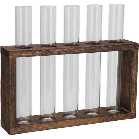 Vase pour Plantes à Tube, Vase à Tube à essai en Bois de pin Fait à la Main en Verre borosilicaté élevé pour la décoration de la Maison(Cadre rétro + 5 Bouteilles).