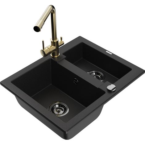 Mexen Carlos fregadero de granito de 1,5 senos con grifo de cocina Duero, negro - 6518-77-671600-50-B (1/5)