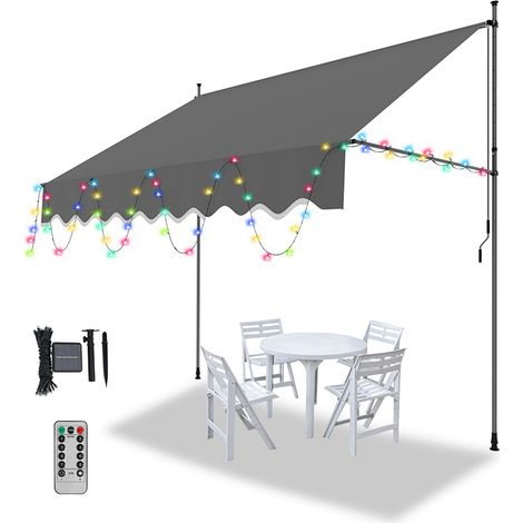 Jiubiaz Klemmmarkise mit LED 300x120cm Balkonmarkise, UV-beständig 50+ höhenverstellbar Sonnenschutz ohne Bohren für Terrasse und Balkon Grau
