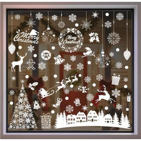 Noël Electrostatic Window Stickers, 9 White Balls and Reusable Christmas Village, Decals for Windows and Doors.