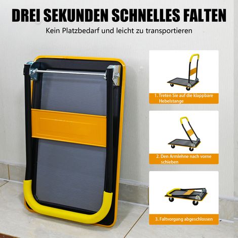 Chariot à plateau pliable charge 150KG,roues pivotantes tous azimuts. Conception compacte pour entrepôt,couleur jaune.
