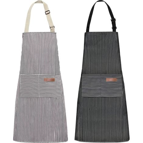 Tablier de cuisine à bavette ajustable, tablier de chef souple à double poche pour hommes et femmes - Rayures noires et grises (1/4)
