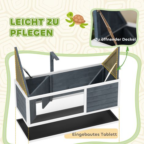 Maison tortue en bois, enclos tortue avec deux abris principaux, toit ouvrant, support luminaire, panneau avant transparent, 120 x 50 x 40 cm, gris (1/5)