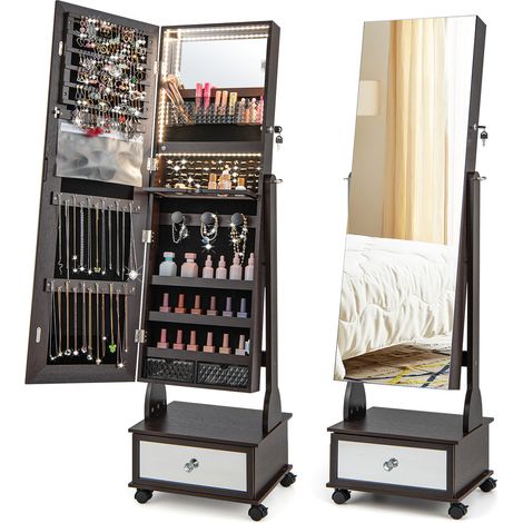 Armoire à bijoux marron en MDF avec miroir pleine longueur, éclairage LED 3 couleurs et serrure, pour chambre, dressing et entrée (1/5)