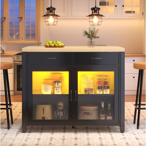 Isola cucina nera con illuminazione LED, 100 x 80 x 90 cm, MDF e vetro, OKWISH (1/5)