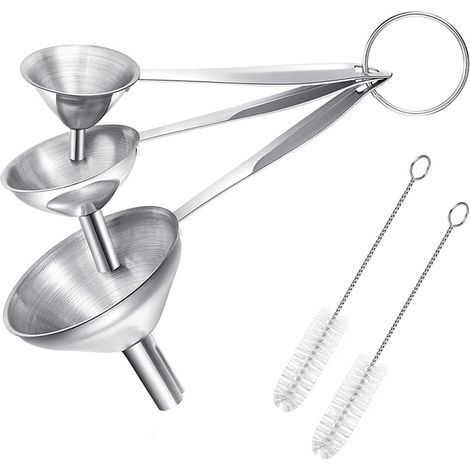Entonnoirs, lot de 3 (petit et grand), filtre en acier inoxydable, livré avec 2 goupillons de nettoyage pour le transfert de liquides et de poussière. (1/5)