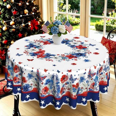 Nappe ronde décorative de style américain, imprimée en 2D à l'aquarelle, motif floral papillon et étoiles, idéale pour la cuisine, le jardin, les fêtes et autres réceptions. (1/4)