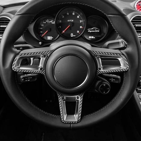 Soft carbon fiber steering wheel trim for Porsche 718 982 (2016-2022 models). (1/5)