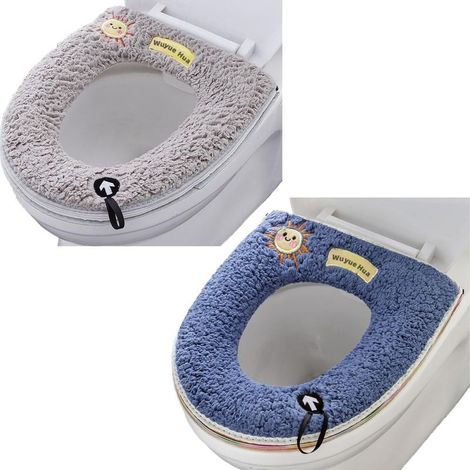 (gris + bleu) Lot de 2 coussins universels pour siège de toilette avec boucle de suspension, doux et chaud, lavables (1/5)