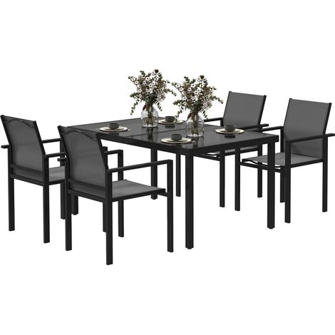 Schwarzer Gartentisch mit 4 stapelbaren Stühlen und einer Tischplatte aus gehärtetem Glas, 140 cm