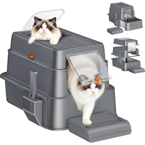 1 Bac À Litière Chat Acier Inoxydable, XXL Fermée Avec Tiroir Et Couvercle, Double Entrée Pour Grand Chat (1/5)