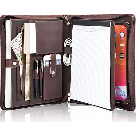 Porte-documents A4 personnalisé en cuir marron foncé, avec fermeture éclair, bloc-notes inclus, organiseur pliable, cadeau homme. (1/5)