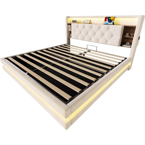 Cama canapé 160 x 200 cm de terciopelo beige con cabecero multifunción LED USB-C (1/5)