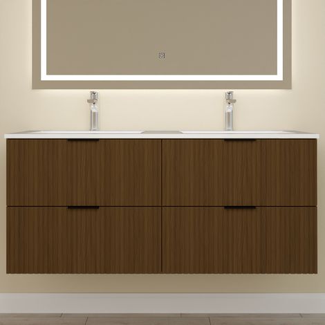 Biubiubath Meuble de Salle de Bain suspendu 120 cm Noyer avec 4 tiroirs + vasque double en céramique (1/5)