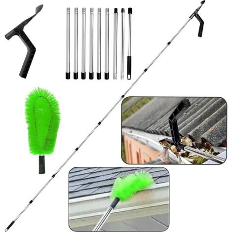 Outils de nettoyage de gouttières avec brosse et cuillère de nettoyage 2 en 1 - Nettoyeur de gouttières télescopique de 350 cm - Outil pour nettoyer les gouttières, les feuilles et la saleté (1/5)