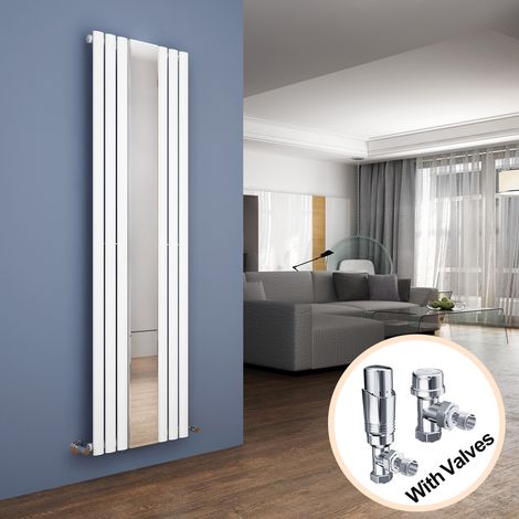 ELEGANT Vertical Column Designer Radiator White Oval Single Panel Rad 1800 x 500mm with Mirror + Chrome Thermostatic Radiator Valves (1/5)