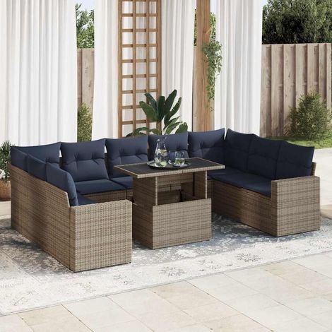 Set sofás jardín y cojines 10 pzas ratán sintético acacia gris vidaXL (1/5)
