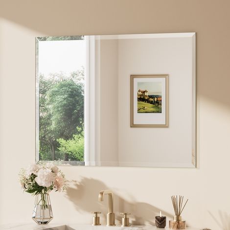 Keonjinn Badspiegel Facettenschliff, 100x75cm Bad Spiegel mit Gehärtetes Glas und Splitterschutzfolie,Rahmenloser Badezimmerspiegel, Rechteckiger Wandspiegel Vertikal Horizontal Möglich, für Garderobe