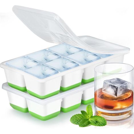 Große Eiswürfelform, 2er-Pack Silikon-Eiswürfelformen mit Deckeln für Getränke, Whisky und Babynahrung, sicher, wiederverwendbar, stapelbar, leicht zu entnehmen (Grün) (1/5)