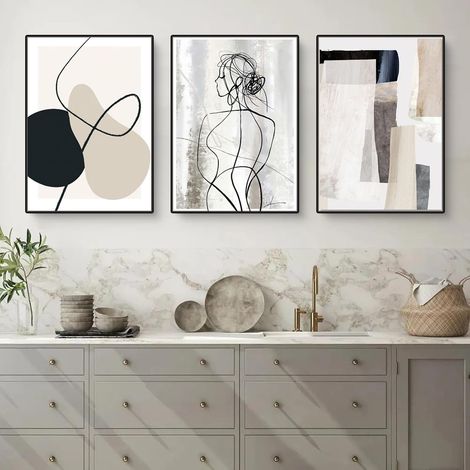 Lot de 3 tableaux de salon abstrait ligne géométrique peintures murales affiches chambre simplicité poster d'art toile images sans cadre (30x40cm) (1/3)