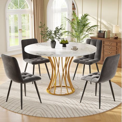 FLORAGRACE Ensemble table à manger en MDF blanc 5 pièces ronde 80 cm avec 4 chaises en velours gris (1/5)