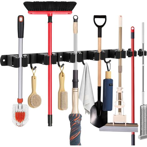 Soporte para escobas de acero inoxidable – 5 soportes + 4 ganchos + 2 ranuras – hogar/cocina/baño/garaje (1/5)